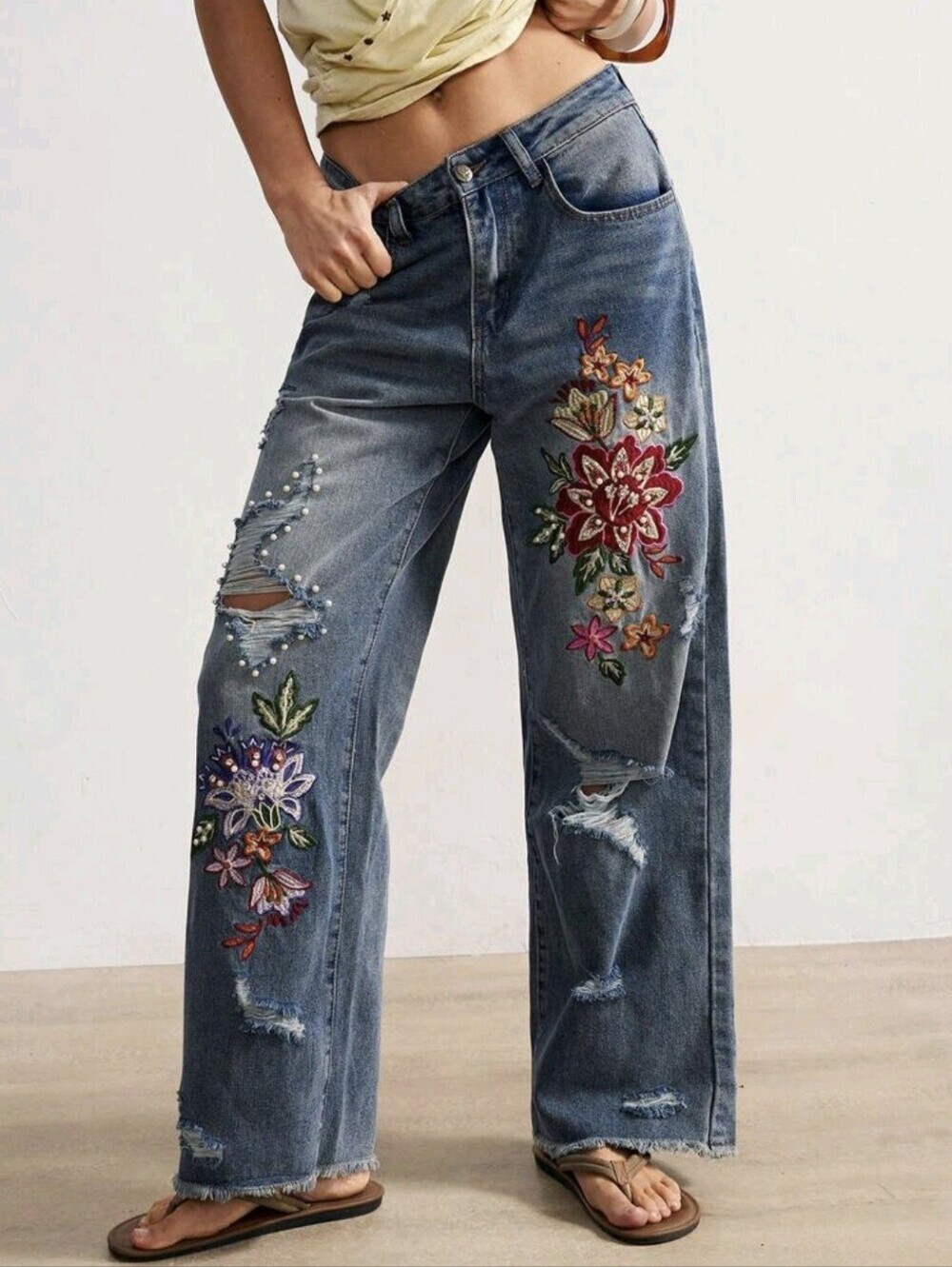 Countryside Vacation Style Casual Woven Embroidered Beaded Loose Women Jeans